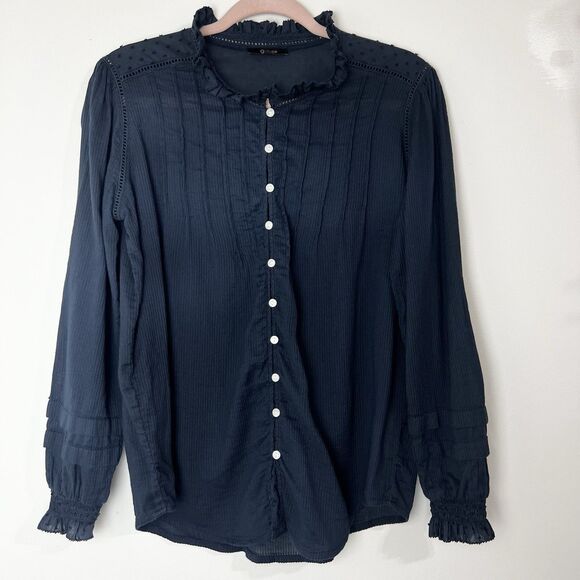 Quince Organic Cotton Textured Peasant Blouse Shirt Navy Blue Women’s S - Picture 2 of 13